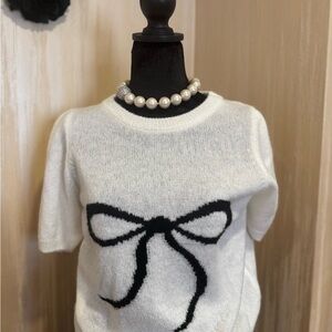 Anthropologie White Sweater with Black Bow